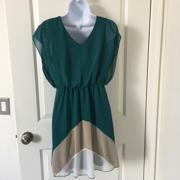 ENFOCUS Petite Teal-Cream Dress. Size 4P - Picture 3 of 4